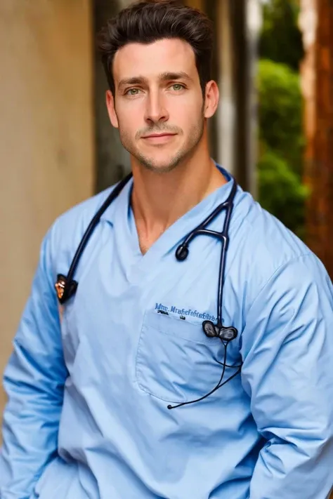 <lora:DrMike:1>, a handsome guy, portrait, drmike, masculine, realistic, face, doctor outfit, natural light, sharp focus, bokeh, unkempt, skin texture, male focus, dark hair, upper_body, (masterpiece,best quality:1.5)