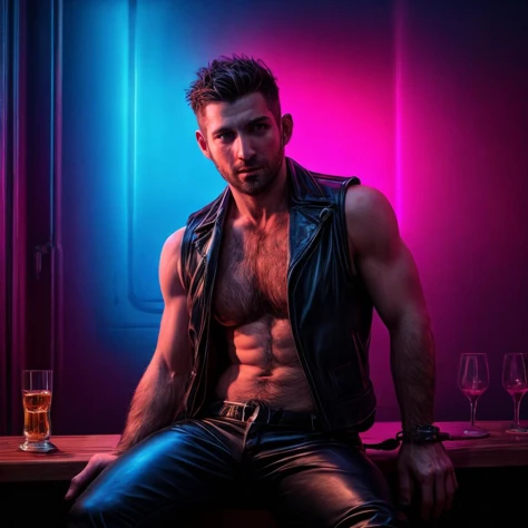 Hyperrealistic art <lora:VaporwaveAlpha:1>,1man,age:35,hairy body,leather vest and leather pants,sitting in a cyberpunk room,holding a whiskey glass,<lora:more_details:0.8>,sultry,exuding homoerotic energy,hyper realistic,photograph,soft lighting, . Extremely high-resolution details, photographic, realism pushed to extreme, fine texture, incredibly lifelike