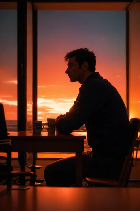 scene from an indie of, silhouette of a 45yo man sitting at a table next to a window, moody, colour grading, cinemascope, mid-century furniture, sunset, summer, <lora:more_details:0.1>, artistic composition, sharp focus, cinematic,