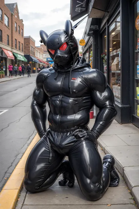 candid photograph of, a muscular male, wearing rubber drone suit, pup hood, kneeling on sidewalk, outside store, hands behind back,