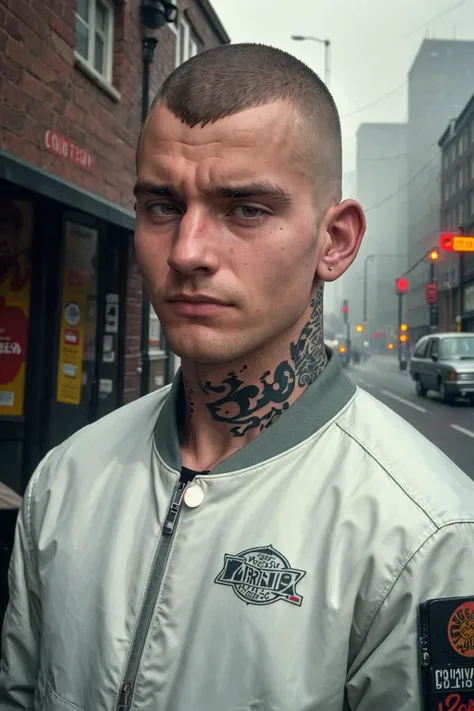 (solo, 1boy, close-up on face), ((best quality)), ((masterpiece)), candid photograph of a 25yo english skinhead, standing on a street corner, tattoo, (film photography, film grain, ultra realism, sharp focus, muted colours, extremely detailed, skin texture), 1980s, bomber jacket, fog, light rain,