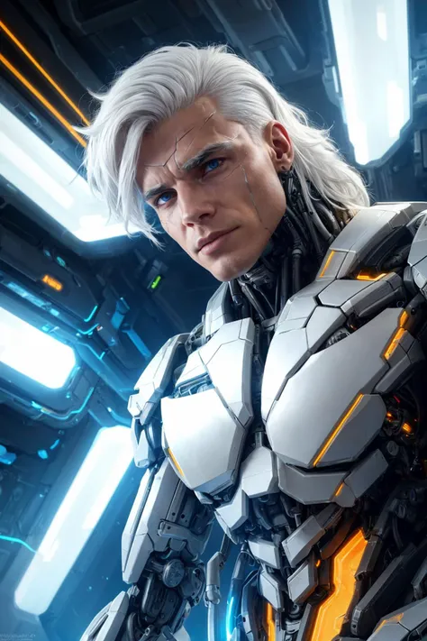 professional photograph of, a muscular male cyborg, (sharp focus, cinematic, futuristic, sci-fi), close-up on face, (cracked skin, exposed circuitry), white hair, <lora:more_details:0.2>, dynamic angle,