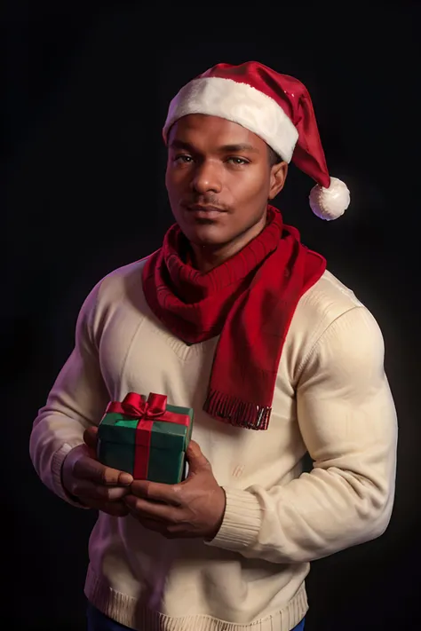best quality, 4K, masterpiece, by professional photographer
headshot of <lora:rhyheimsv3:1> rhyheims, African American, Christmas party foreground, wearing a Santa Claus hat, and a closed Santa Claus sweater and a holiday scarf, ((holding a present)), christmas tree background, festive colors,