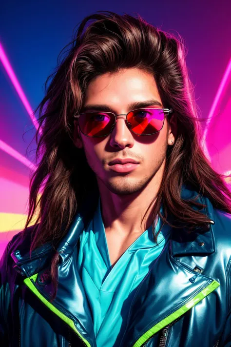 vaporwave album cover featuring, a 30yo male, messy long hair, reflective sunglasses, vivid colours, cinematic lighting, thick lips, futuristic jacket, skin texture, dynamic angle,