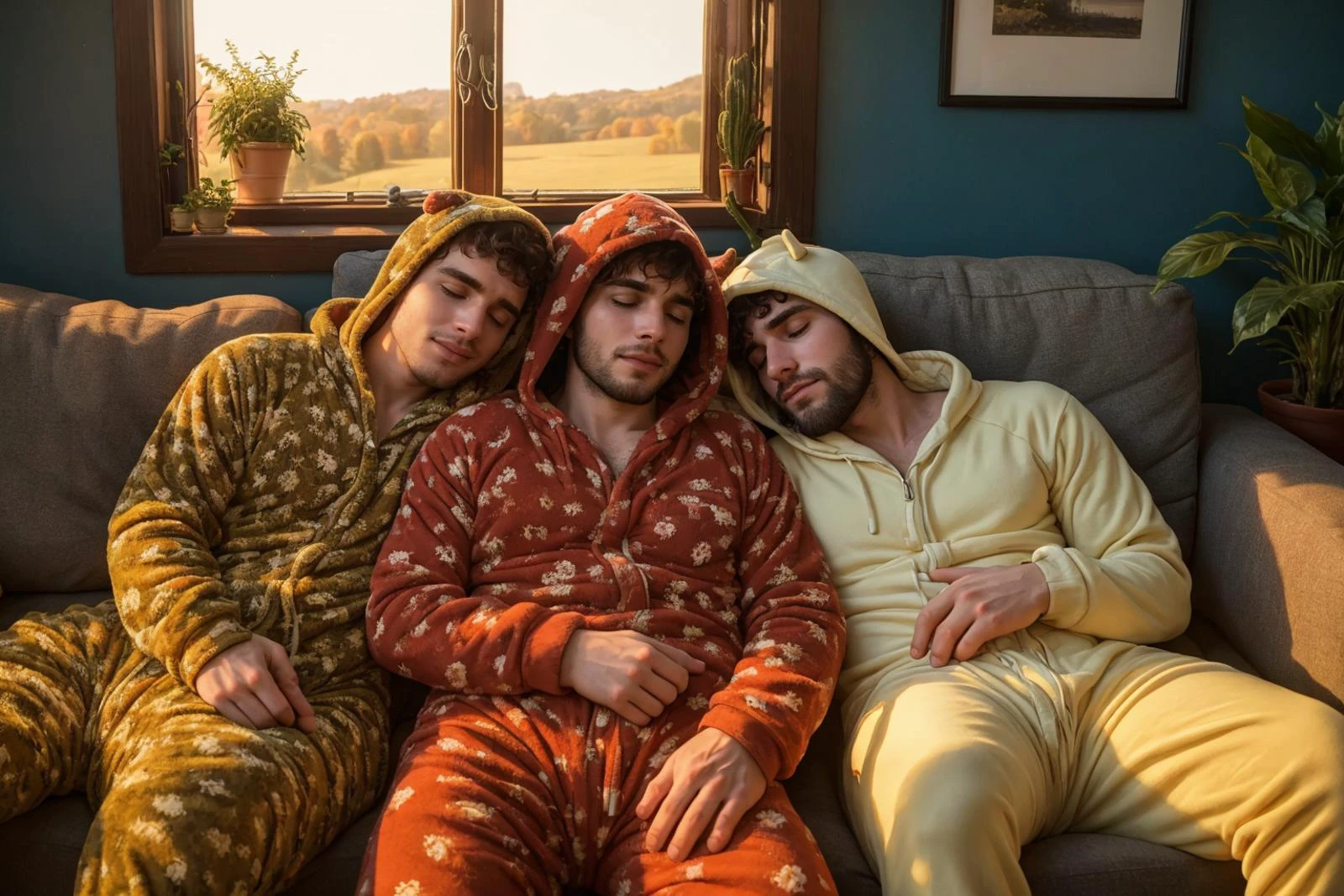 (trio, three men), candid photograph of, three 25yo men asleep together on a couch, romantic, warm, detailed, onesie, golden hour, snuggling, rural house, houseplants, open window, <lora:more_details:0.1>