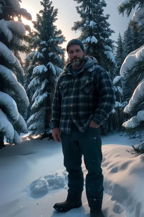 analog photograph of, a 45yo lumberjack, in a snowy pine forest, cinematic lighting,