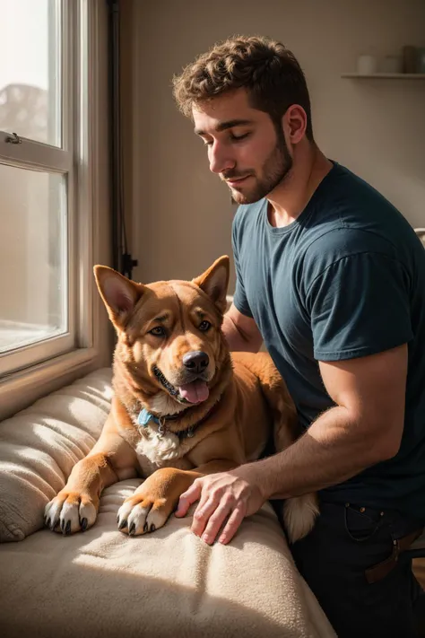 candid photograph of, a 30yo male, petting a cute large dog, <lora:more_details:0.1>, natural light,