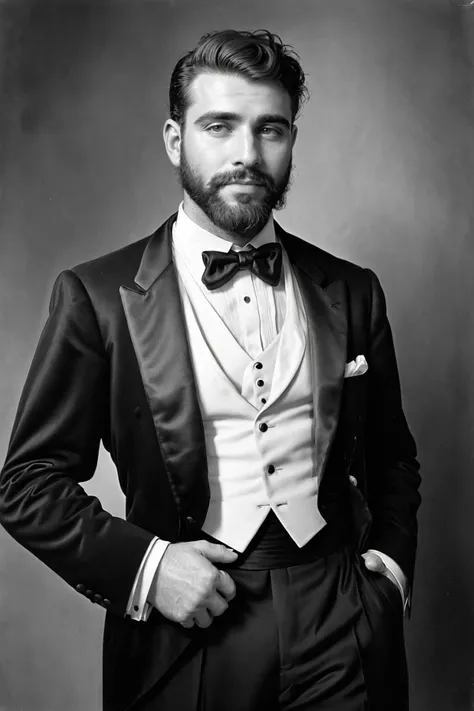 1920s photograph of a bearded man, wearing tuxedo,