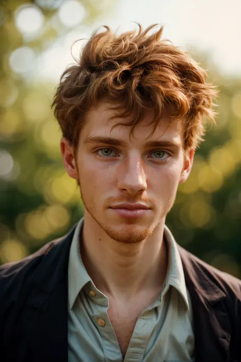 hasselblad photograph of, a handsome 30yo (ginger haired:0.5) male, (freckles:0.4), (slim:0.4), unbuttoned shirt, close-up, natural light, sharp focus, bokeh, unkempt, skin texture, (kodak ektachrome:0.3),