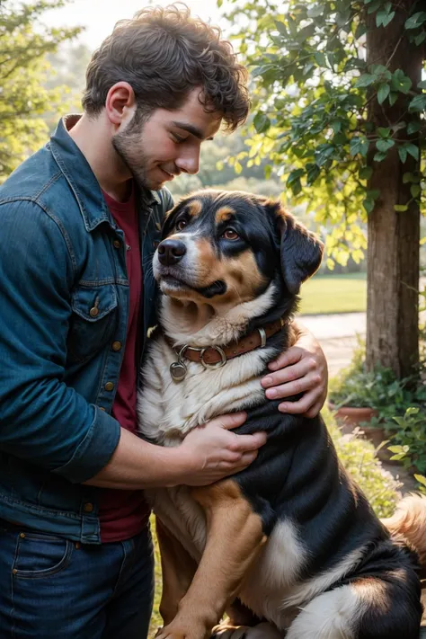 candid photograph of, a 30yo male, petting a cute large dog, <lora:more_details:0.1>, natural light,
