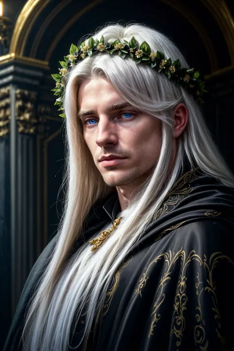 (solo, male, close-up on face, dynamic angle), photograph of an irish male, with long white hair, wearing an elaborate black cape, black flower wreath, reflection in eyes, thick lips, (cinematic lighting, sharp focus, perfect skin texture, regal, film photography, film grain), blue eyes, detailed background, in opulent palace with dark walls, <lora:more_details:1>
