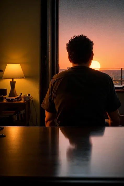 scene from an indie of, silhouette of a 45yo man sitting at a table next to a window, moody, colour grading, cinemascope, mid-century furniture, sunset, summer, <lora:more_details:0.1>, artistic composition, sharp focus, cinematic, cluttered but stylish apartment,