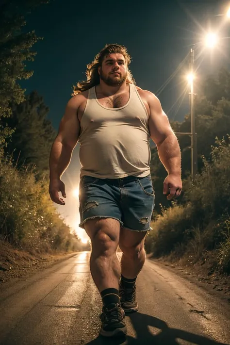 analog photograph of a chubby 24yo wrestler, walking down a country road, tank top, jorts, long hair, (cinematic lighting, sharp focus, detailed background), detailed skin texture, gritty, (film grain, film photography), dynamic angle, hairy,