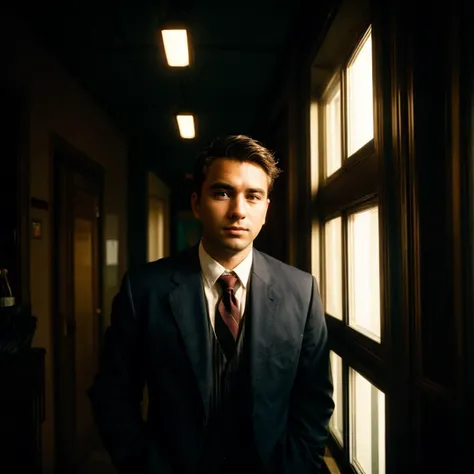 analog photograph of, a 32yo businessman, (film grain, film photography, dramatic lighting),
