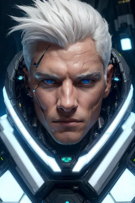 professional photograph of, a muscular male cyborg, (sharp focus, cinematic, futuristic, sci-fi), close-up on face, cracked skin, exposed circuitry, white hair, <lora:more_details:0.1>