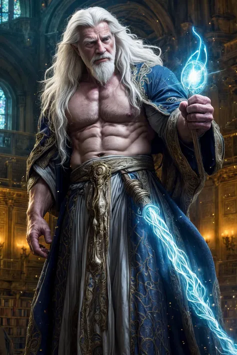 (solo), film grain, still from a fantasy , 55 year old wizard, (white hair), (shirtless, muscular), (beefy:0.7), determined expression, handsome, magic, dynamic angle, library, cinematic lighting, vivid colors, intricate details, ornate wizard robes, (detailed background), <lora:more_details:0.7>, dynamic pose, action shot, long flowing hair, HDR, bokeh, holding mage staff,
