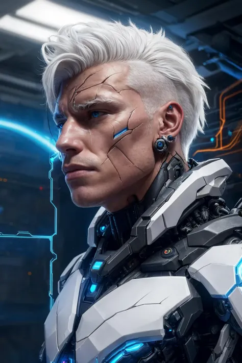 professional photograph of, a muscular male cyborg, (sharp focus, cinematic, futuristic, sci-fi), close-up on face, (cracked skin, exposed circuitry), white hair, <lora:more_details:0.2>, dynamic angle,