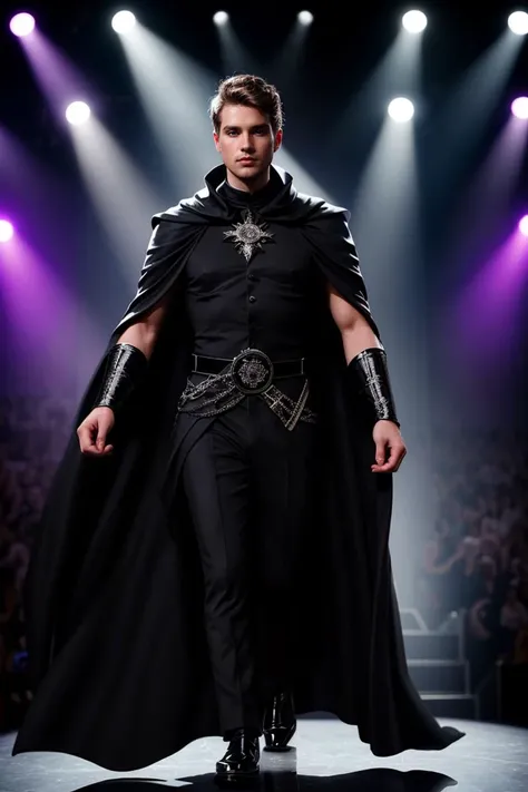fashion photograph of, a 30yo male, extravagant black cape, stage lights,