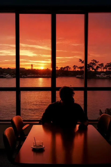 scene from a crime of, silhouette of a 45yo man sitting at a table next to a window, moody, colour grading, cinemascope, mid-century furniture, sunset, summer, <lora:more_details:0.1>,