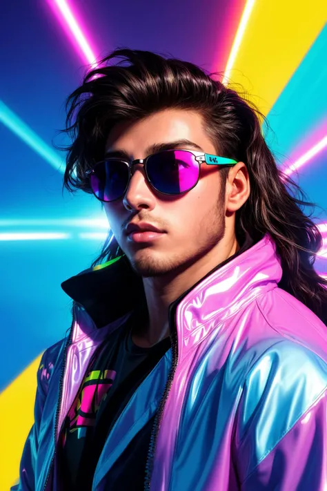 vaporwave album cover featuring, a 30yo male, messy long hair, reflective sunglasses, vivid colours, cinematic lighting, thick lips, futuristic jacket, skin texture, dynamic angle,