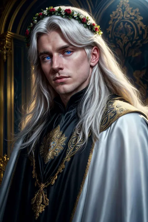 (solo, male, close-up on face, dynamic angle), photograph of an irish male, with long white hair, wearing an elaborate black cape, black flower wreath, reflection in eyes, thick lips, (cinematic lighting, sharp focus, perfect skin texture, regal, film photography, film grain), blue eyes, detailed background, in opulent palace with dark walls, <lora:more_details:1>