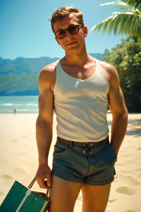 1960s vacation photo of, a 35yo male, film grain, natural light,