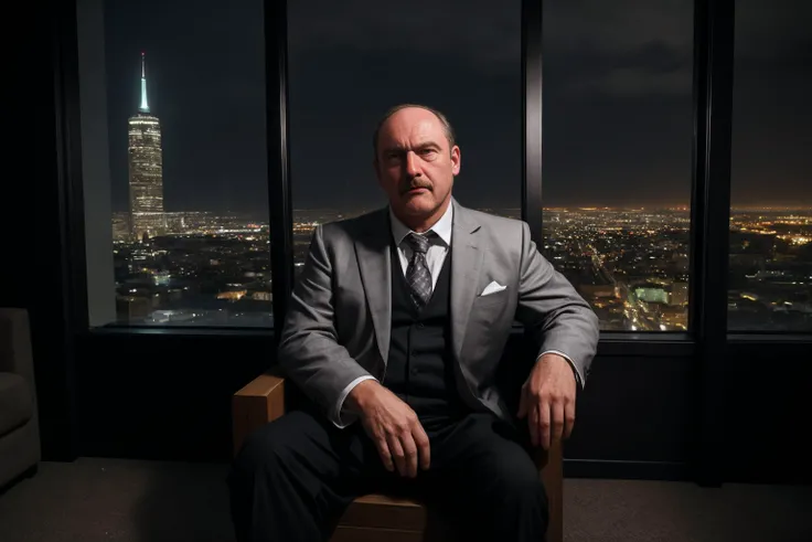 a middle aged man with balding salt and pepper hair sits on a modern throne in front of full height glass windows through which you can see a city,night time,irritated expression,gray dress jacket and black slacks,masterpiece,realistic,dim lighting,moody,photograph,looking at camera,