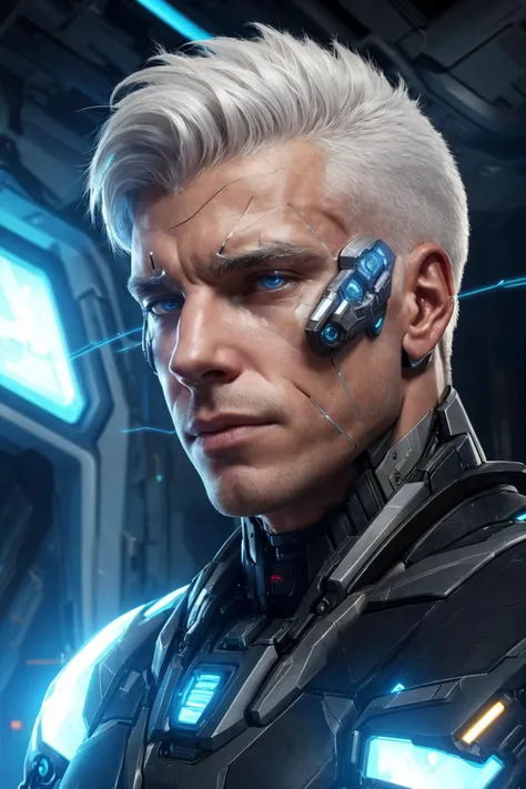 professional photograph of, a muscular male cyborg, (sharp focus, cinematic, futuristic, sci-fi), close-up on face, cracked skin, exposed circuitry, white hair, <lora:more_details:0.2>, dynamic angle,