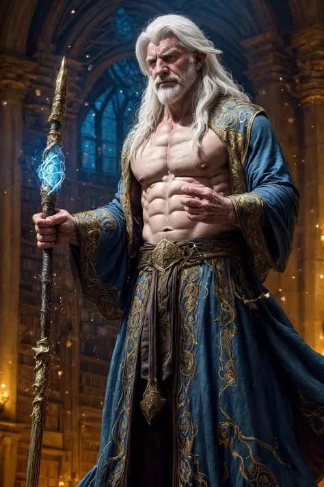 (solo), film grain, still from a fantasy , 55 year old wizard, (white hair), (shirtless, muscular), (beefy:0.3), determined expression, handsome, magic, dynamic angle, library, cinematic lighting, vivid colors, intricate details, ornate wizard robes, (detailed background), <lora:more_details:0.7>, dynamic pose, action shot, long flowing hair, HDR, bokeh, holding mage staff,