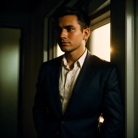 analog photograph of, a 32yo businessman, (film grain, film photography, dramatic lighting),