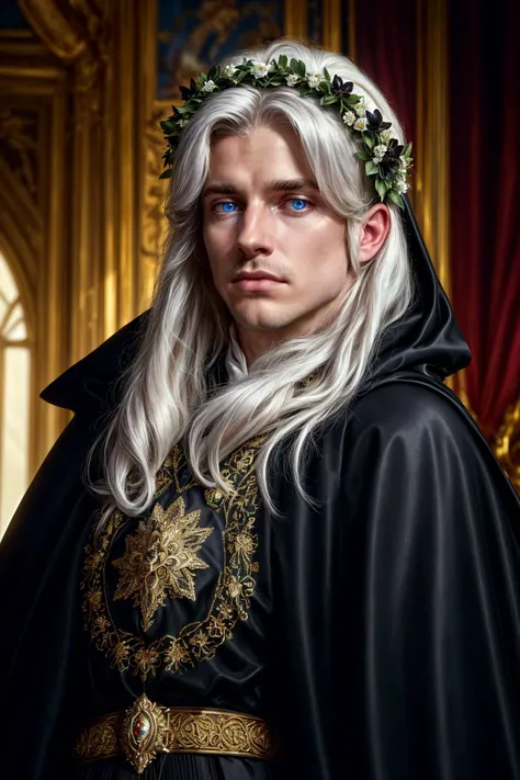 (solo, male, close-up on face, dynamic angle), photograph of an irish male, with long white hair, wearing an elaborate black cape, black flower wreath, reflection in eyes, thick lips, (cinematic lighting, sharp focus, perfect skin texture, regal, film photography, film grain), blue eyes, detailed background, in opulent palace with dark walls, <lora:more_details:1>