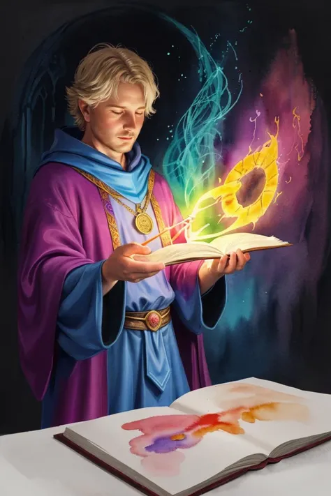 watercolour drawing of, a 35yo wizard, casting a spell, vivid colours,