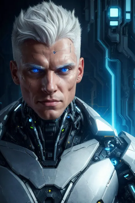 professional photograph of, a muscular male cyborg, (sharp focus, cinematic, futuristic, sci-fi), close-up on face, (cracked skin, exposed circuitry), white hair, <lora:more_details:0.2>, dynamic angle,