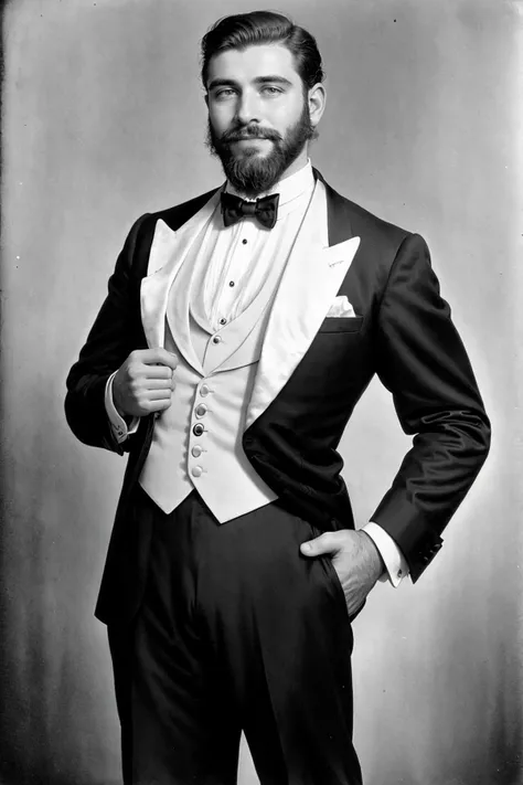 1920s photograph of a bearded man, wearing tuxedo,