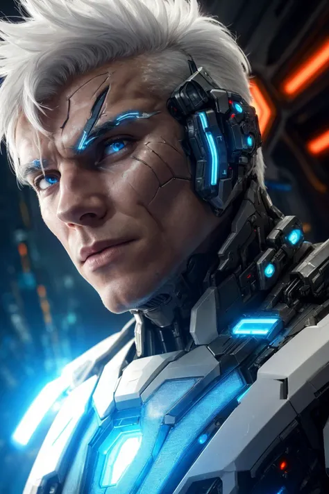 professional photograph of, a muscular male cyborg, (sharp focus, cinematic, futuristic, sci-fi), close-up on face, (cracked skin, exposed circuitry), white hair, <lora:more_details:0.2>, dynamic angle,