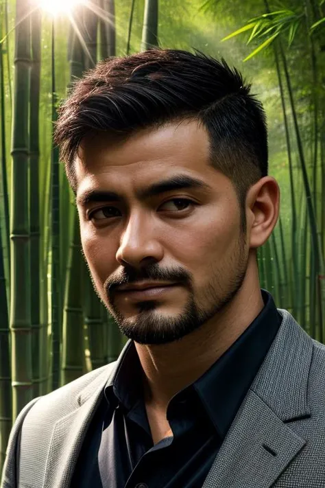 professional portrait, photograph of, a handsome male, in a bamboo forest, (clouds), stubble, short fade hair cut, sharp focus, fuji, muted colours, tree, sun beams, portrait, (close-up:0.7), <lora:more_details:0.5>
