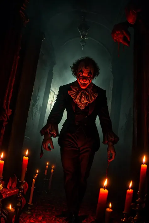 (solo, male, dynamic angle), still from a horror movie of a clown, walking toward viewer, blood running from eyes, torn clown pants, red eyes, (sinister atmosphere, haunted mansion, candlelight, twisted, suggestive),