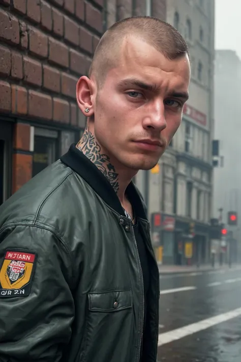 (solo, 1boy, close-up on face), ((best quality)), ((masterpiece)), candid photograph of a 25yo english skinhead, standing on a street corner, tattoo, (film photography, film grain, ultra realism, sharp focus, muted colours, extremely detailed, skin texture), 1980s, bomber jacket, fog, light rain,