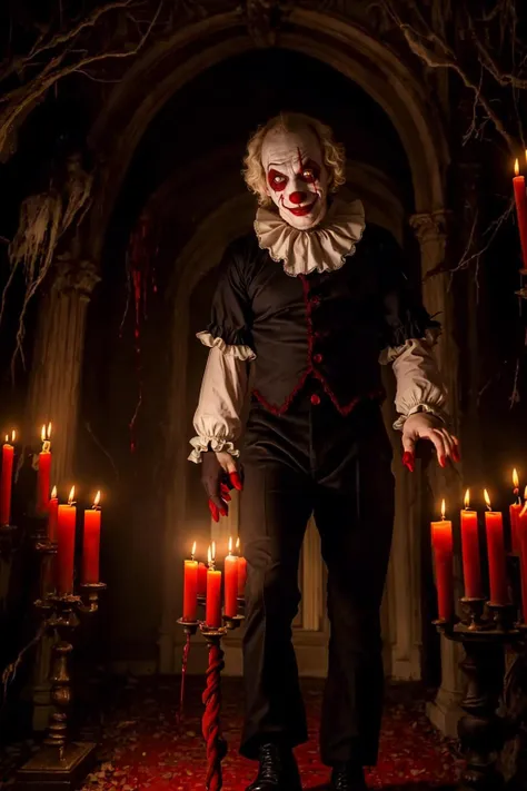 (solo, male, dynamic angle), still from a horror movie of a clown, walking toward viewer, blood running from eyes, torn clown pants, red eyes, (sinister atmosphere, haunted mansion, candlelight, twisted, suggestive),