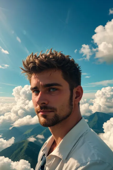 analog photograph of, a handsome 35yo male, (in clouds), (sharp focus, natural light, vivid colours),