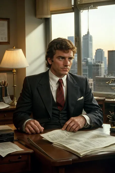 still from a 1970s movie of, a 30yo businessman, wearing suit, reading an important document, in his office, sitting by desk, (film grain, cinematic light), window, cityscape,