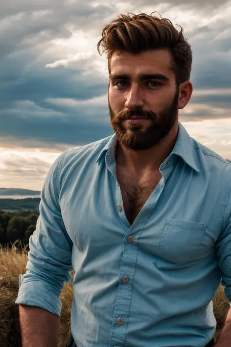 photograph of, a handsome 30yo male, (in clouds), natural light, sharp focus, vivid colours, skin texture, beard, unbuttoned shirt,