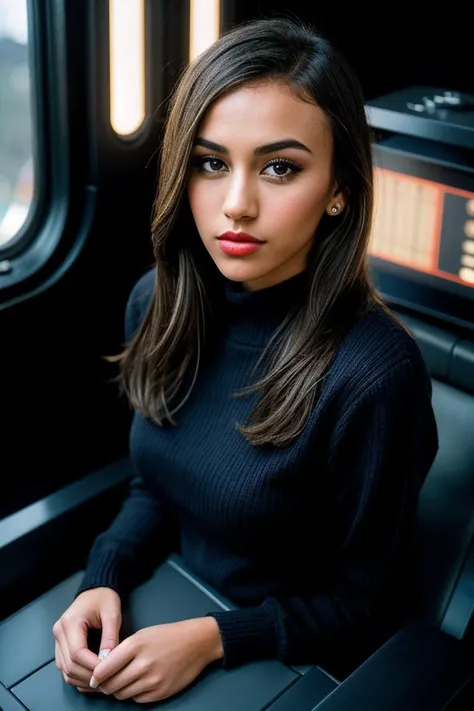 photo of beautiful (J4n1ceGr1ff1thV2-140:0.99), a woman, perfect hair, (modern photo), wearing a (long sleeved sweater:1.2) and long skirt with jewelry, portrait, 85mm, (analog, cinematic, film grain:1.3), (Spaceship Bridge, Command center with control panels, holographic displays, captain's chair, and panoramic space view.), detailed eyes, professional pose, painted lips, (epiCPhoto), (looking at viewer:1.1), (cinematic shot:1.3), (natural lighting, lit from above), <lora:add_detail:0.5>