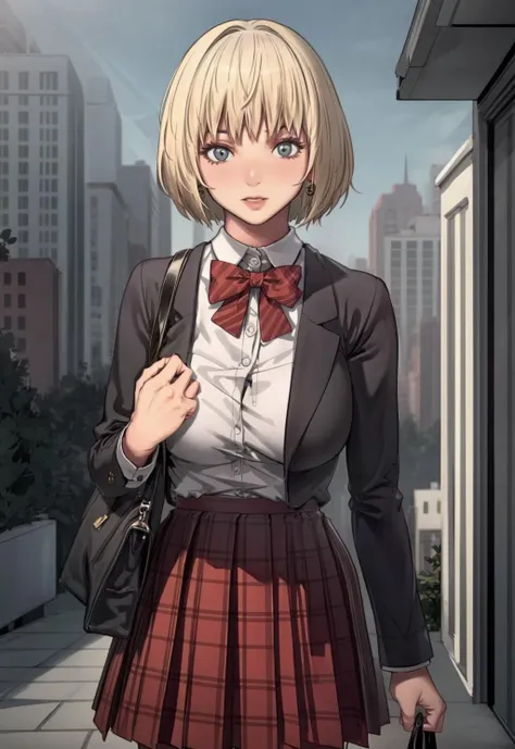 masterpiece,best quality,1girl,solo,looking at viewer,<lora:add_detail:0.7>,jewelry,earrings,<lora:susila:0.9>susila,shirt,skirt,blonde hair, short hair, <lora:jk:0.5> jk suit, plaid skirt, pleated skirt, shirt, bowtie,