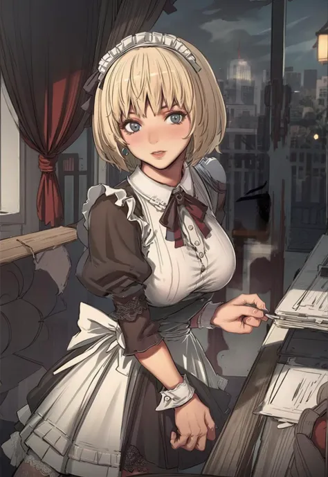 masterpiece,best quality,1girl,solo,looking at viewer,<lora:add_detail:0.7>,jewelry,earrings,<lora:susila:0.9>susila,shirt,skirt,blonde hair,short hair,<lora:maid_dress_v1:0.5> maid_dress,
