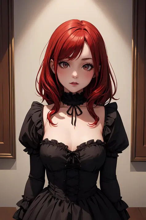 (masterpiece, best quality), 1girl, red hair, medium chest, gothic frill dress, pervert face,