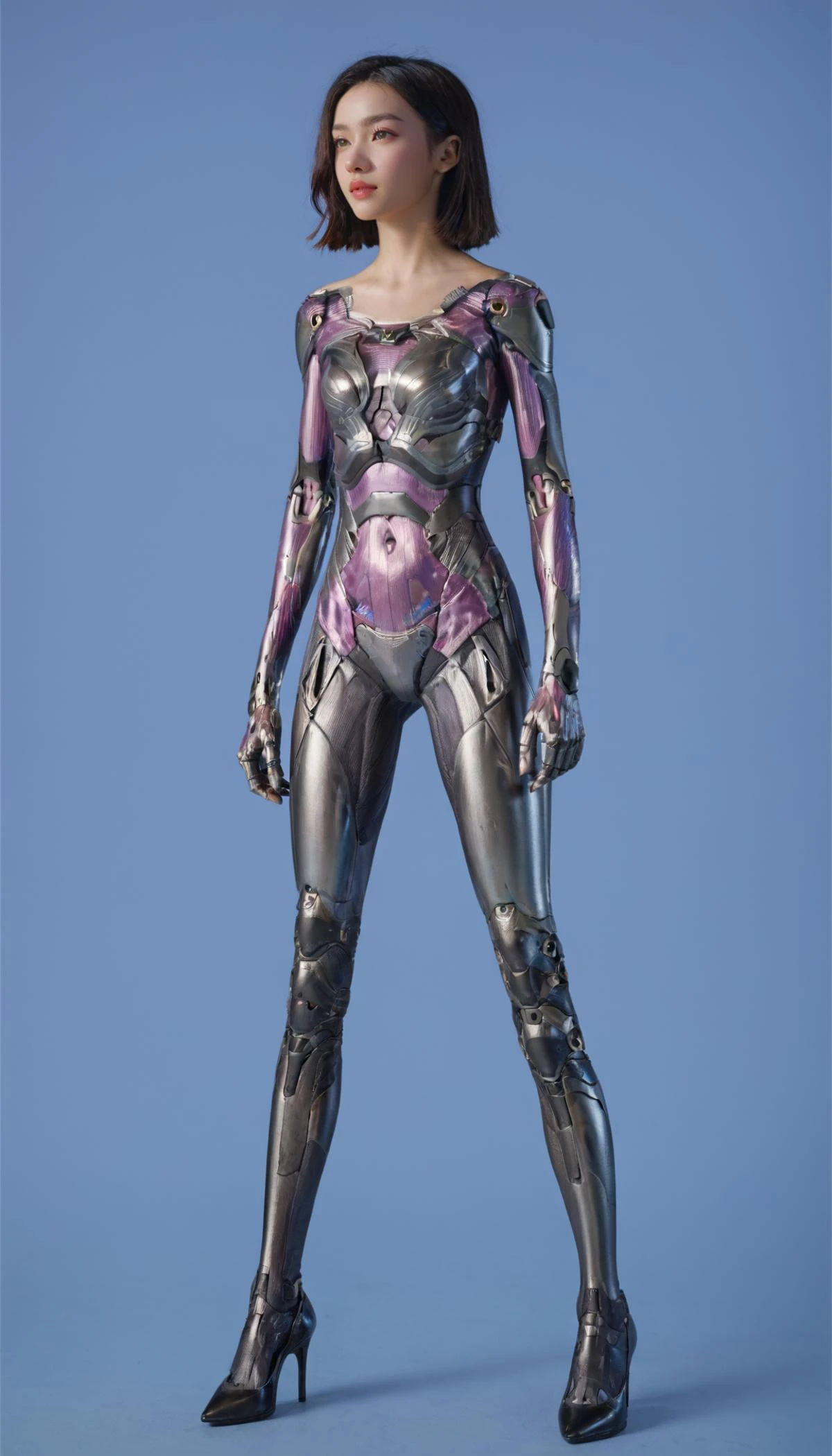 1girl, stand, full body, high heels, cyborg, simple background, French twist, realstic, photorealistic, masterpiece, best quality, 8k, score_9, score_8_up, score_7_up,