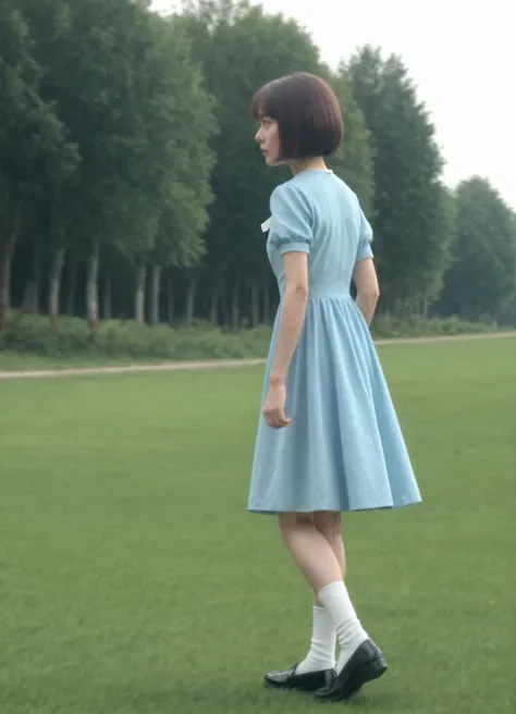 score_6_up BREAK photo, irl, realistic BREAK vhs, screencap, 1girl, dress, outdoors, short hair, grass, brown hair, socks, white socks, tree, black footwear, blue dress, water, short sleeves, full body, standing, bob cut, walking, nature, shoes, from side, day