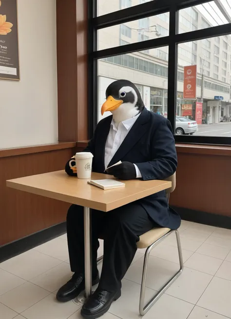 score_6_up BREAK photo, irl, realistic BREAK Cinematic photo of an anthropomorphic (penguin:1.2) sitting in a cafe reading a book and having a coffee, animal,