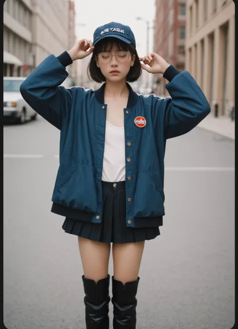 score_6_up BREAK photo, irl, realistic BREAK vintage analog photo, film grain, scratched paper, 35mm Vintage photo of a half dressed woman, whimsical with oversized glasses, dark short hair, french cap, freckles on body, petite body, open blouse,( long jacket, open jacket:1.6), (thigh-high stockings:1.3), small french cap, fluffy skirt, wrist bands,( heavy boots:1.4), retro futuristic ear piece communication device, flushed closed eyes, very detailed, bustling dystopian city